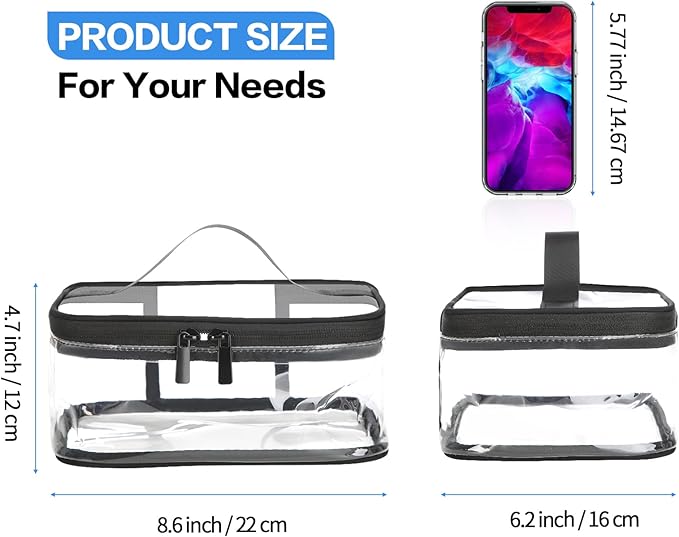 HAOGUAGUA 2 Pieces Clear Makeup Bags Cosmetic Toiletry Bags for Traveling, Waterproof Travel Transparent TSA APPROVED Carry On Airport Airline Compliant Bag (2 PIECES BLACK)