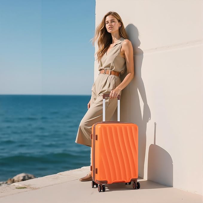 Carry on Luggage Sets 22x14x9 Airline Approved Durable Travel Luggage Suitcases with Wheels,ABS Hard Case Suitcases with Spinner Wheels,(Orange,3 Piece Sets(20"/DB/TB))