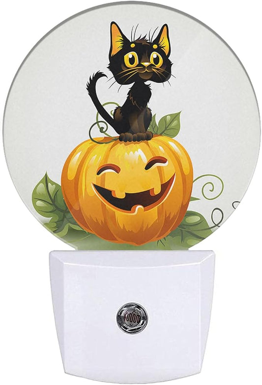 Plug in Nightlight Thanksgiving Harvest Cat Sit on Pumpkin Night Light Cute Black Cat Kitten Funny Pumpkin Plug-in Nightlight Auto On/Off for Men Women Boys Girls, LEDLAMP3016