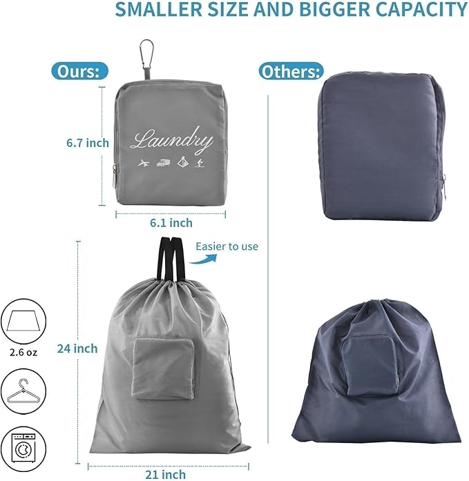 JHX Travel Laundry Bag, Dirty Clothes Bag 【Upgraded】 with Handles and Aluminum Carabiner, Collapsible Laundry Bag for Travel, Camp, Fitness, and Students（1Pcs Grey） 24"L x 21"W