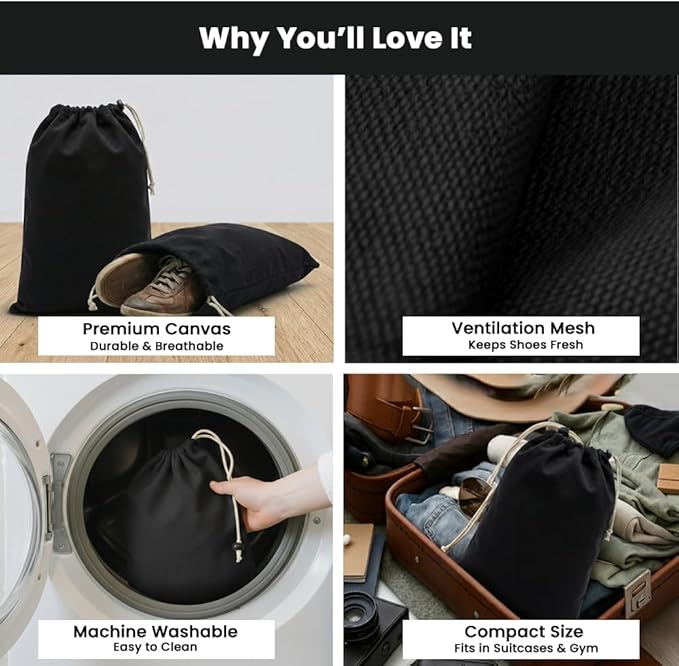 LFH Cotton Rich Shoe Storage Bags with Drawstring, Dustproof Breathable Reusable Organizer, Perfect For Travel, Dorm, Hotel, College, Gym, Machine Washable 12"x17" (Pack of 2) - Black sand