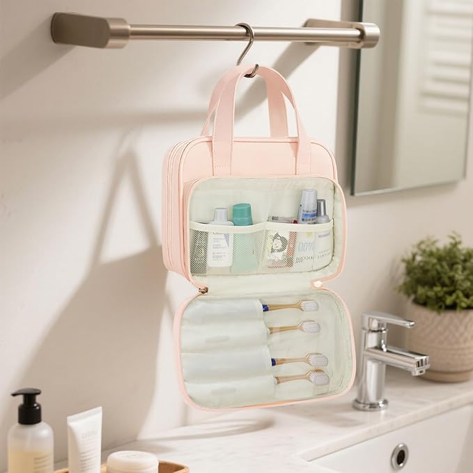 Travel Toiletry Bag, Water-resistant PU Leather Makeup Bag with Multiple Compartments, Large Capacity Makeup Organizer Bag with Handle for Accessories, Essentials, Toiletries, Pink