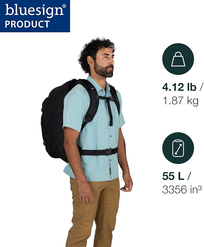 Osprey Farpoint 55L Men's Travel Backpack - Carry On Bag with Personal Item Sized Detachable Daypack, Antique Blue