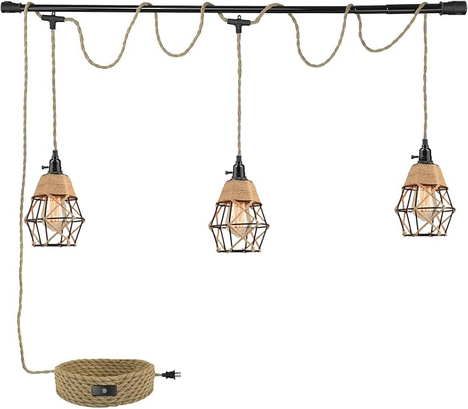 3-Light Hanging Light with Plug in Cord,Plug in Pendant Light 22ft Hemp Rope Pendant Lighting Vintage 3-Light Hanging Lamp Fixtures for Kitchen Island Living Room Bedroom