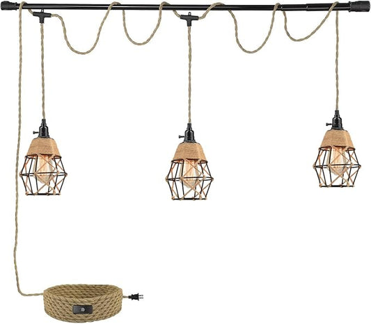 3-Light Hanging Light with Plug in Cord,Plug in Pendant Light 22ft Hemp Rope Pendant Lighting Vintage 3-Light Hanging Lamp Fixtures for Kitchen Island Living Room Bedroom