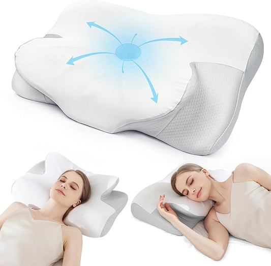 Cervical Neck Pillow for Sleeping - Cooling Ergonomic Memory Foam Pillow for Neck Pain Relief, Soft and Stretchy, Relieves Shoulder Pressure, Side Sleepers, Cooling and Breathable Ice Silk Pillowcase