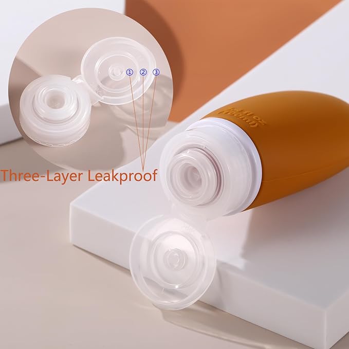 Leak Proof Silicone Travel Bottles,4 Pack 3.4oz Liquid Squeezable Refillable Portable Accessories/Cosmetic Containers,BPA Free,Travel Size Bottles for Toiletries Shampoo Conditioner Lotion(Brown)