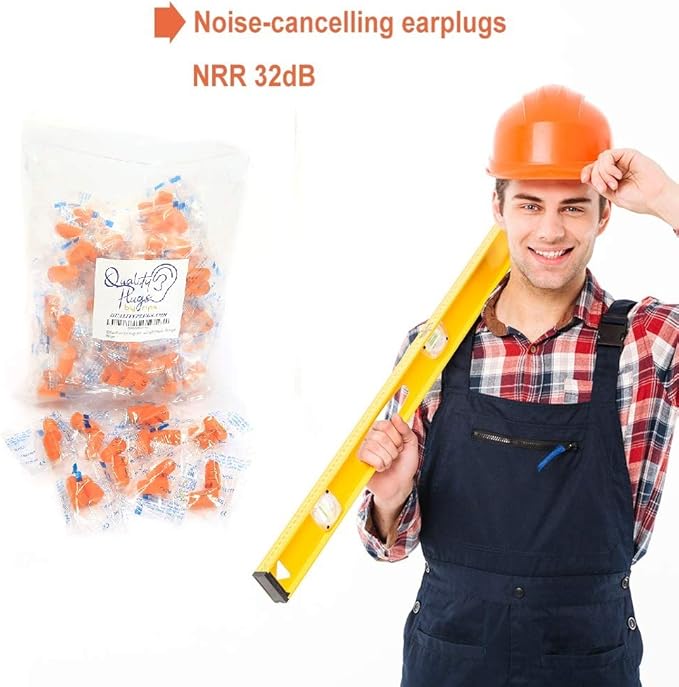 Quality Foam Earplugs 50 Pair- 32dB Noise Cancelling Disposable Individually Wrapped Packaged Bulk High Decibel Ear Plugs for Sleeping Travel Concert Shooting Hunting Study Work Construction Safety