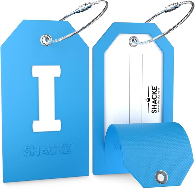 Shacke Initial Luggage Tag with Full Privacy Cover and Stainless Steel Loop - Aqua Teal (Letter I)