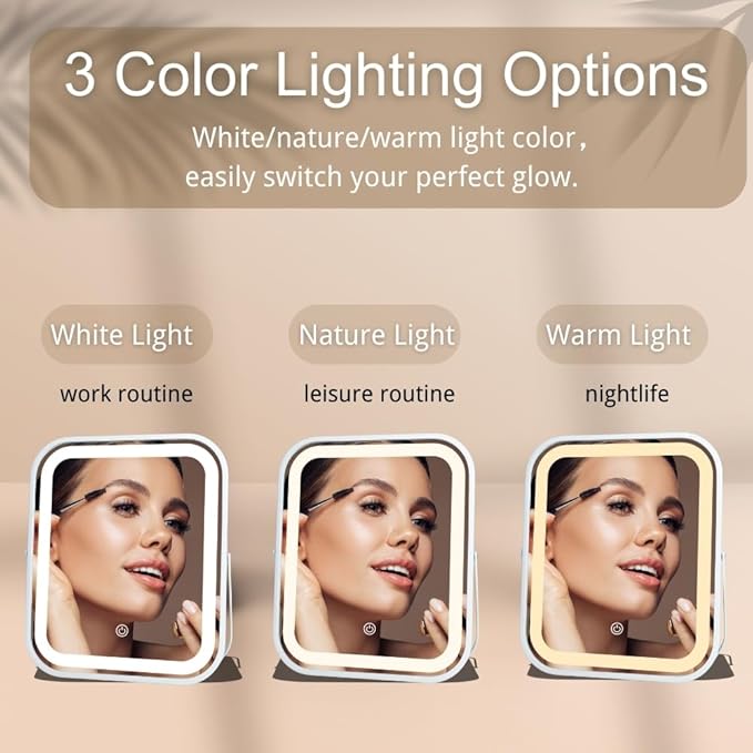 LED Makeup Mirror 8x10 Rechargeable with 3 Color Settings, Touch Control, Portable & Cord-Free Vanity Mirror, Premium Metal Frame, Gift-Ready for Travel Mirror White