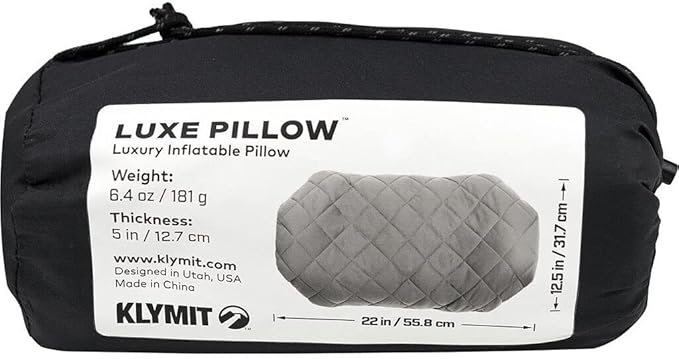Klymit Luxe Travel Pillow, Lightweight Inflatable Hybrid Airplane, Backpacking, Hammock, and Camping Pillow, Grey