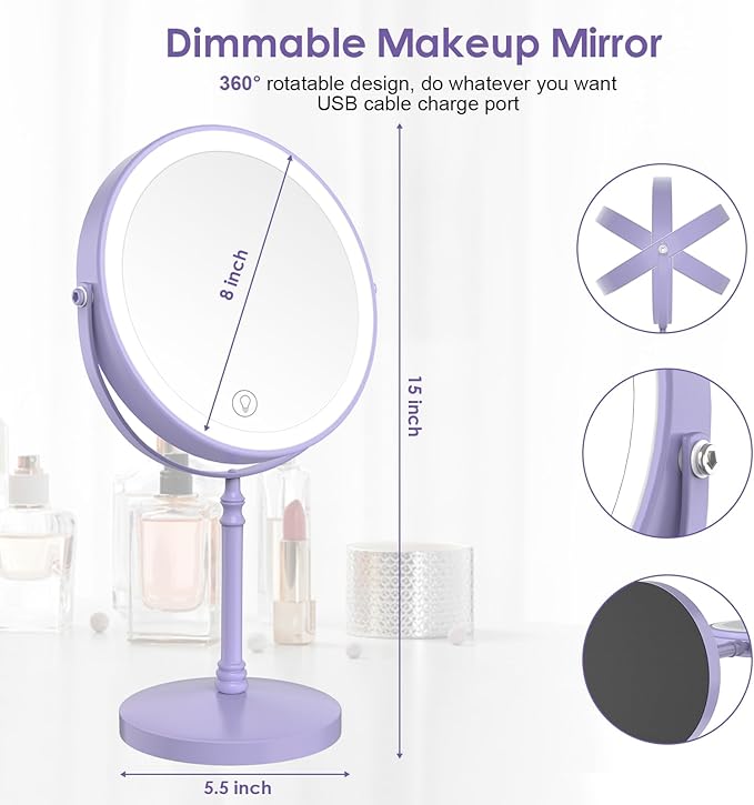 DEIOVWXS Makeup Mirror, 3000mAh Rechargeable Double-Sided Magnifying Vanity Mirror with 3 Colors, 1X/10X, 360° Rotation, Adjustable Brightness, Gifts for Mom, Women,Wife, Girls, Dorm Room Essential