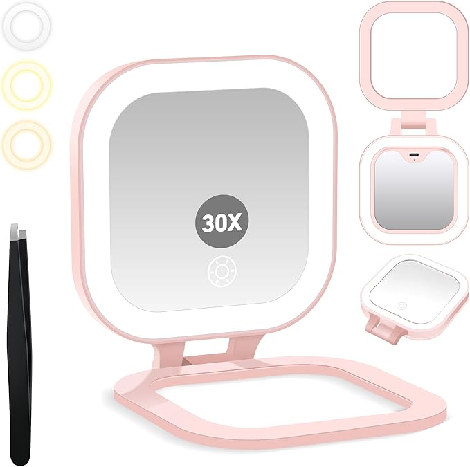 GOMIPURU Travel Mirror with Light, 1x/30x Magnifying Mirror with 3 Color Lights and Adjustable Brightness, 4.5x3.9 inch Small Compact Hangable Hand Pocket 3 Way Mirrors, Comes with Tweezer