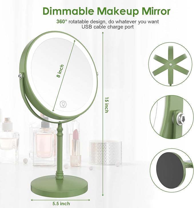 DEIOVWXS Makeup Mirror, 3000mAh Rechargeable Double-Sided Magnifying Vanity Mirror with 3 Colors, 1X/10X, 360° Rotation, Adjustable Brightness, Gifts for Mom, Women,Wife, Girls, Dorm Room Essential