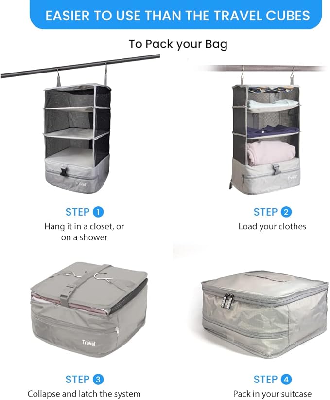 Grand Fusion Stow-N-Go Portable Hanging Travel Shelves, Packing Organizer for Luggage. Carry on Closet with Hanger for Clothes. Expandable Packing Cube. Travel Essentials, Light Gray - L