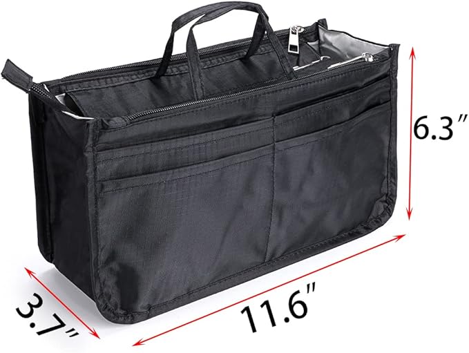 BTSKY Printing Handbag Organizers Inside Purse Insert - High Capacity 13 Pockets Bag Tote Organizer with Handle (Black)