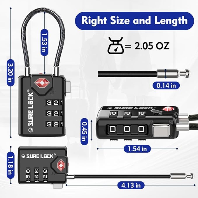 SURE LOCK TSA Approved Combination Luggage Locks with Open Alert Indicator – Durable Zinc Alloy Cable Travel Locks with Large Easy-Read Dials for Suitcases, Backpacks & Gym Bags（ Four Colour）