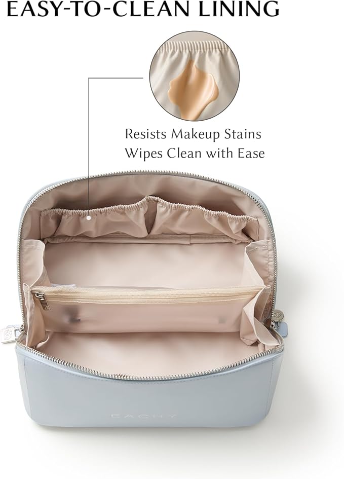 EACHY Travel Makeup Bag, Large Capacity Cosmetic Bag for Women, Waterproof PU Leather, Flat Open Portable Toiletry Bag for Skincare, Brushes & Travel Essentials