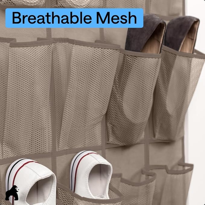 GORILLA GRIP Over the Door Shoe Organizer, 24 Large Breathable Mesh Pockets, Space Saving Hanging Storage Holder, Closet Rack Hanger Holds Up to 40 lbs, Hangs on Closets for Shoes, Accessories, Beige