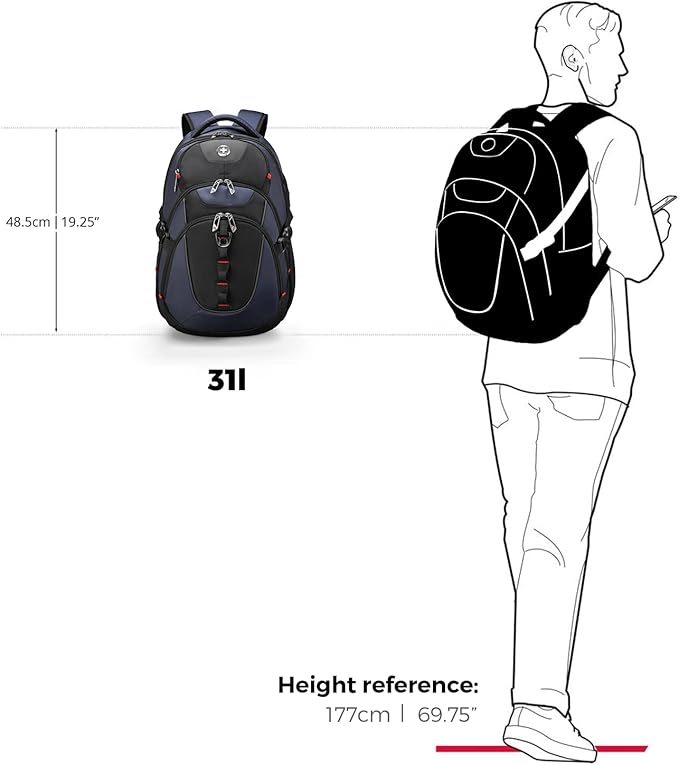 Swissdigital Design Laptop Backpack with USB Charging Port, Travel Backpack Fits 15.6 inches Computer, 31L College School Backpack for Men, Blue/Black | SD803-12 | Water Repellent