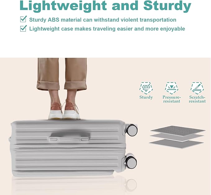 Gets Carry on Luggage Airline Approved,20 Inch Abs+Pc Hardshell Spinner Luggage With Cup Phone Holder and USB Charger,Front Pocket Durable Suitcase for Women Men-Silver