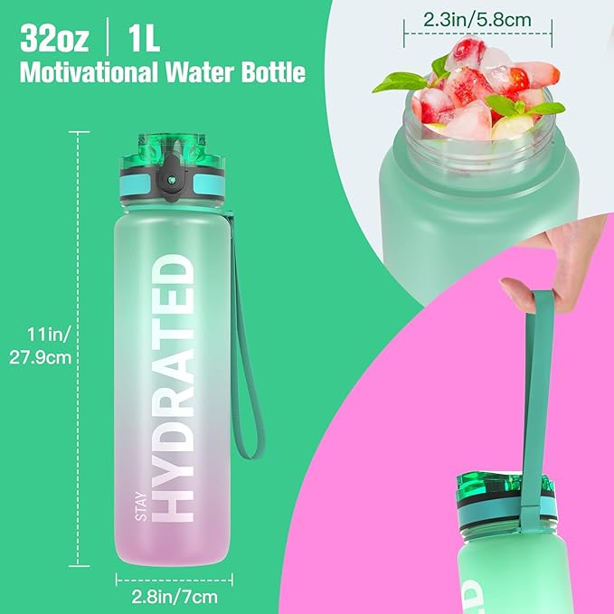 Sahara Sailor Water Bottle, 32/25/17oz Durable and Leakproof Water Bottles Motivational with Time Marker, Tritan, BPA Free, Wide Mouth with Easy Clean Brush for Gym, Travel, School, Office (1 Bottle)