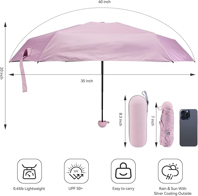 Mini Umbrella for Travel, Compact Folding Umbrella with Case, Lightweight 0.45lb Small Pocket for Backpack and Purse, Rain and Sun Protection - UPF 50+ Windproof Travel Umbrella Compact Mini for Outdoor Use