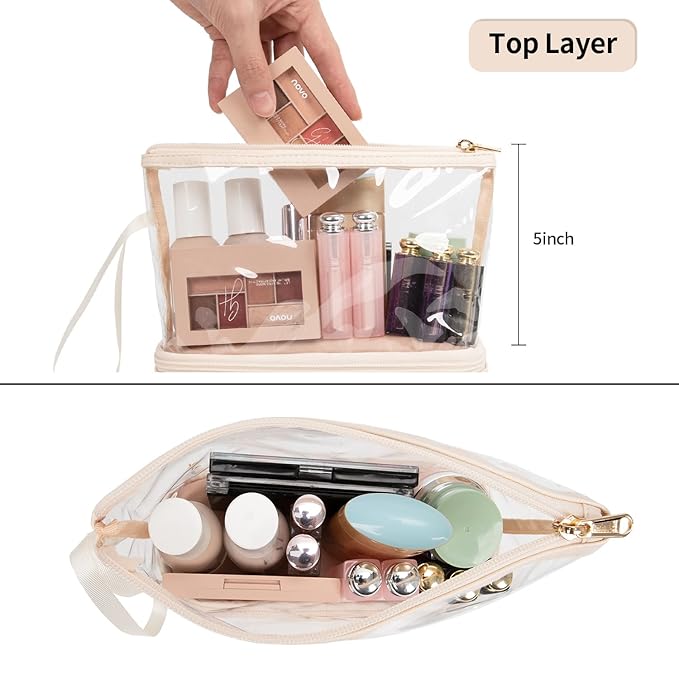 Ethereal Clear Makeup Bag, Cream Small Cosmetic Bag Travel Makeup Bag for Women TSA Approved Toiletry Bag Portable Makeup Pouch