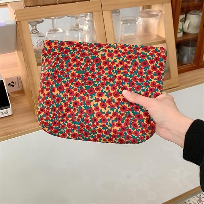 PAZIMIIK Makeup Bag Large Zipper Corduroy Make Up Pouch for Purse Travel Canvas Cosmetic Organizer for Women Brush Storage,Floral Red