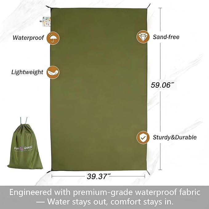 Picnic Blanket Waterproof – Packable Sand Proof Beach Blanket (0.42lb/0.66lb), Compact & Foldable, Fits in Pocket with Integrated Stakes, Ideal for Camping, Hiking, Travel, Concert, Festival