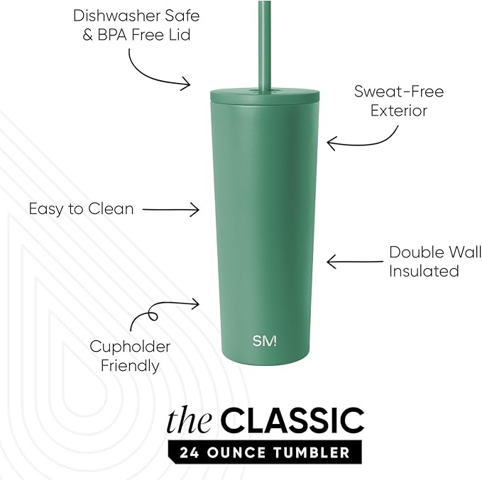 Simple Modern Classic Tumbler with Straw Lid | Insulated Iced Coffee Cup Reusable Stainless Steel Water Bottle Travel Mug | Gifts for Women Men Her Him | 24oz | Basil