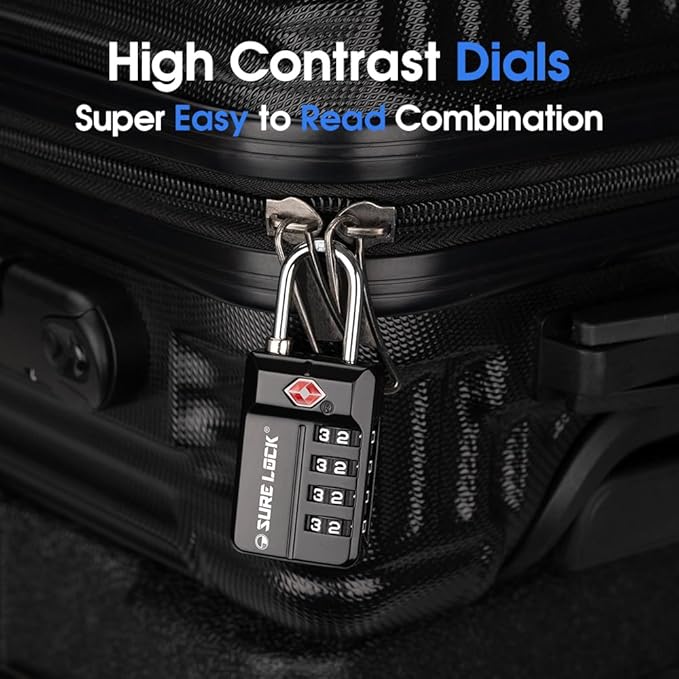 SURE LOCK TSA Approved 4-Digit Resettable Combination Luggage Lock with Open Alert, Easy-Read Dials - for Luggage, School Lockers, Gym, Office, Toolbox & Security Cases (Black 1 Pack)