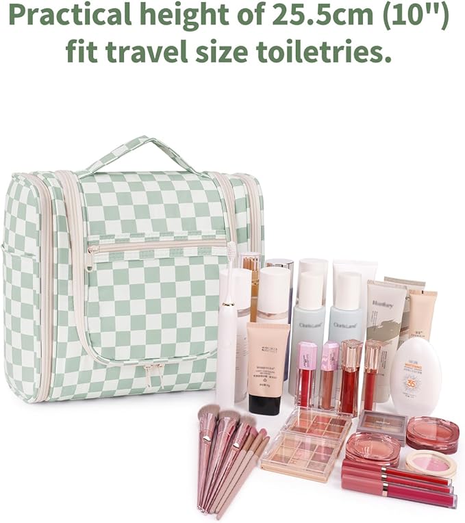 Narwey Travel Toiletry Bag for Women, Checkered Large Hanging Makeup Bag Organizer Cosmetic Make up Bags for Women, Travel Bag for Toiletries (Mint Green Checkerboard)