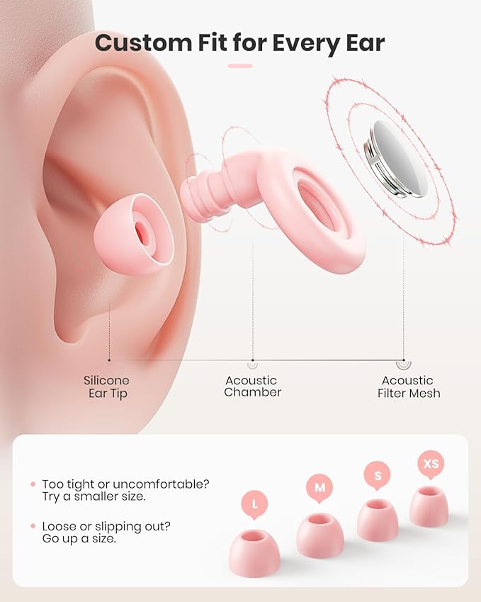 Ear Plugs for Sleeping Noise Cancelling, Reusable Silicone Ear Plugs for Noise Reduction with 8 Ear Tips, Earplugs for Sleep, Concerts, Travel, Snoring (Pink, One Size)