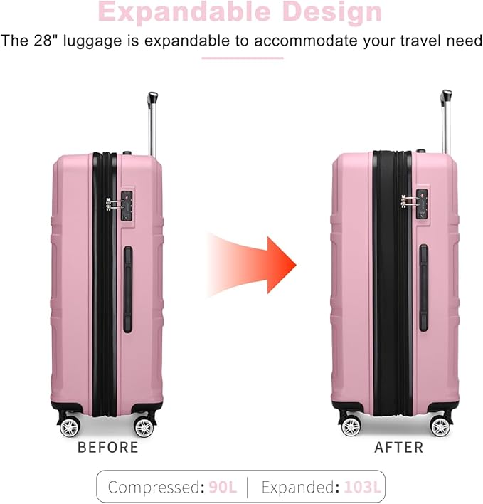 Kono 28 Inch Luggage Expandable Suitcase with Spinner Wheels TSA Lock Lightweight PC+ABS Hardside Large Checked Luggage Durable Rolling Suitcase Pink