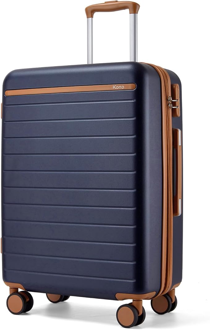 Kono 24 Inch Check In Suitcase Expandable Luggage, Business Travel Suitcase for 5-7 Days, Durable ABS+PC Hardshell with Side Handles & Kick Plates, Double Spinner Silent Wheels, Navy/Brown