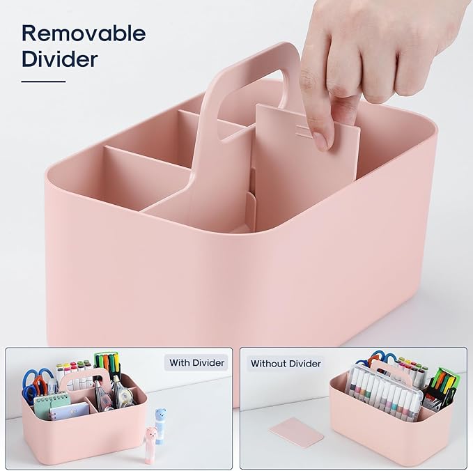 Multiuse Caddy Organizer with Handle, Portable Divided Plastic Tote Bin - Art Craft, Stationary Pen Marker Crayons, Makeup Hair Supplies Storage - Bathroom, Classroom, Dorm, Office, Desk Holder - Pink