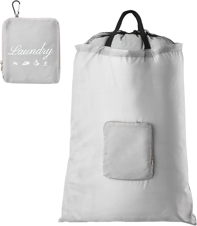 Travel Laundry Bag, JHX Foldable Dirty Clothes Bags 【Upgraded】 with Fixed Drawstring Net, Handles and Carabiner, Portable Laundry Bags for Travel, Fitness, and Students (1Pcs Grey) 30"H x 21"W