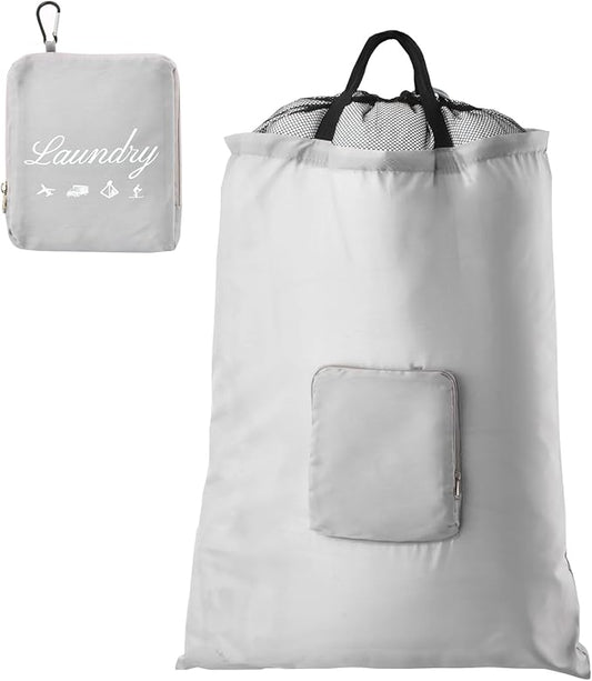 Travel Laundry Bag, JHX Foldable Dirty Clothes Bags 【Upgraded】 with Fixed Drawstring Net, Handles and Carabiner, Portable Laundry Bags for Travel, Fitness, and Students (1Pcs Grey) 30"H x 21"W