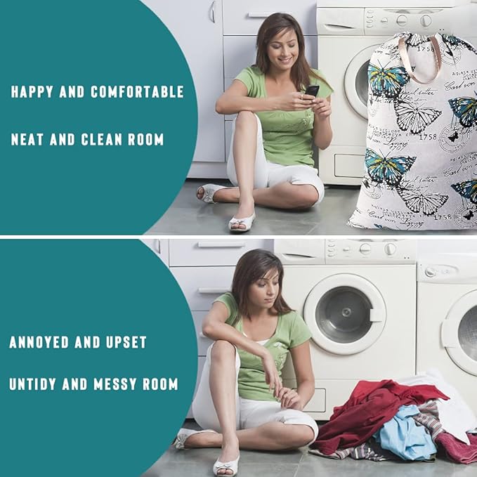 Sanlykate Extra Large Laundry Bag with Drawstring Closure and Handle, 28 x 40 Inch Heavy Duty Travel Dirty Clothes Bag for Laundromat and Household, Butterfly