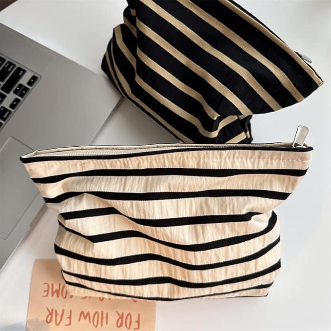 PAZIMIIK Floral Makeup Bag Large Cotton Zipper Pouch for Purse Travel Canvas Make Up Organizer for Women Cosmetic,Stripe White