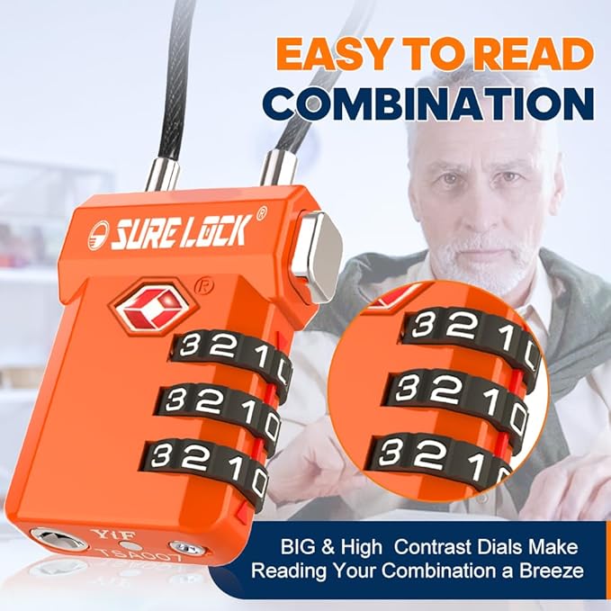 SURE LOCK TSA Approved Luggage Locks – 3-Digit Combination Cable Lock with Red Indicator, Large Dial & Easy-Press Button for Suitcases and Backpacks – Multi-Pack & Color Options