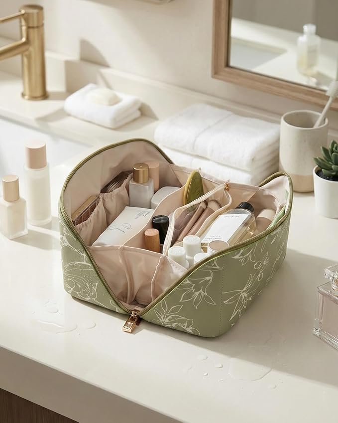 EACHY Travel Makeup Bag,Large Capacity Cosmetic Bags for Women,Waterproof Portable Pouch Open Flat Toiletry Bag Pattern Makeup Bag (F-Green-Large)