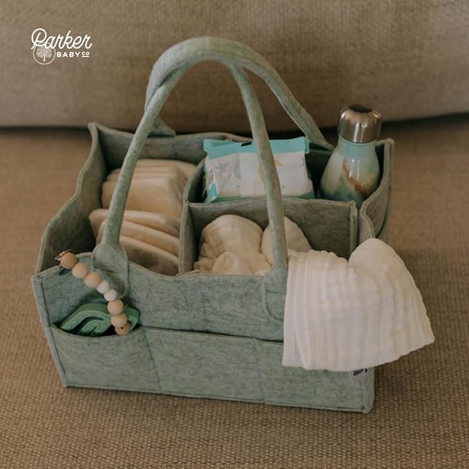 Parker Baby Diaper Caddy - Nursery Storage Bin and Car Organizer for Diapers and Baby Wipes - Sage Green, Large