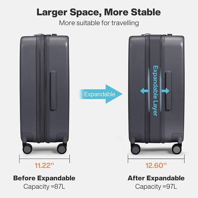 mixi 26 Inch Large Expandable Checked Luggage Suitcase with Spinner Wheels, Hardside Rolling Travel Suitcase PC with TSA Lock, Rock Gray