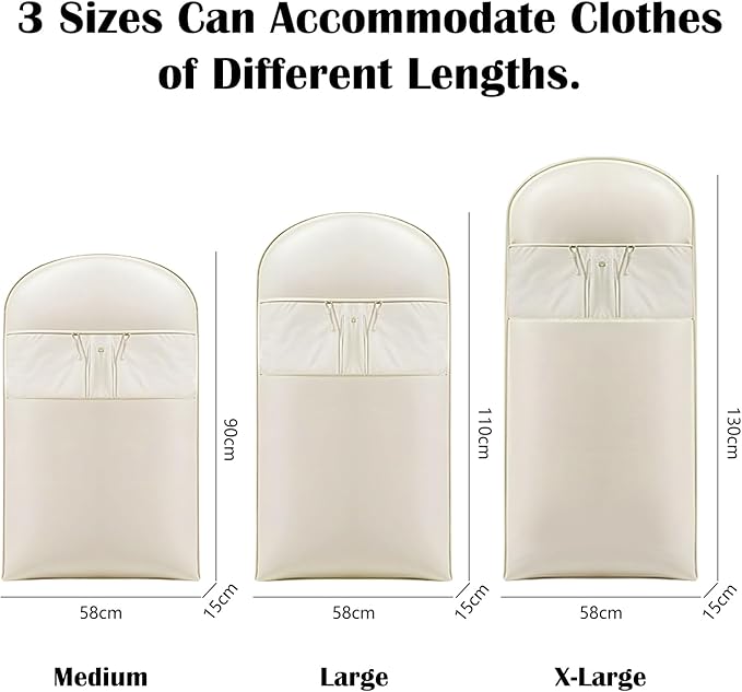 3Pcs Space Saving Hanging Garment Bag with Self Compression Zipper, Storage Bags Space Saver Closet Organizers Dust Cover 3 sizes for Down Coat Clothes Beige