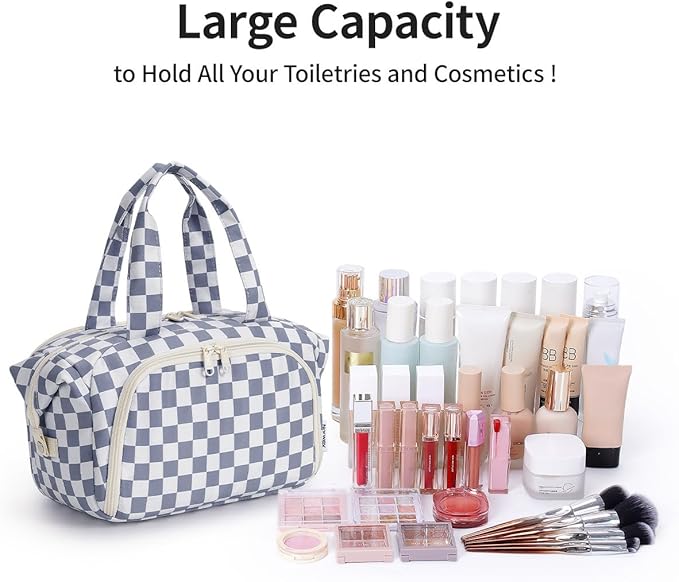 Narwey Travel Toiletry Bag for Women Checkered Large Capacity Makeup Bag Wide Open Cosmetic Make Up Organizer with Wet Pocket for Towel Travel Bag for Toiletries Essentials (Greyish Blue Checkerboard)