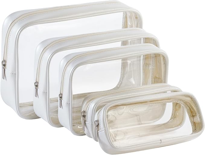 TSA Approved 5-Piece Diaper Bag Organizer Pouch Set Clear Waterproof TPU Kids Toiletry Storage Set Travel Packing Clutch Cube Bags for Baby Nursing(Pearl White Leather)