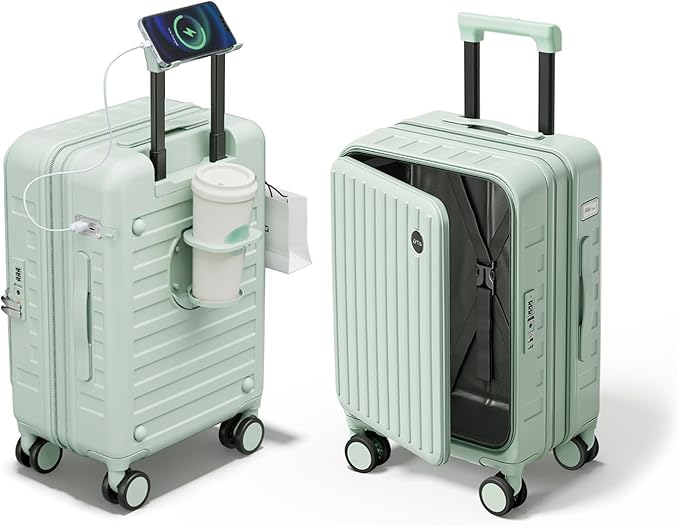 Expandable Lightweight PC Hard Shell Suitcase, 24-inch Luggage with TSA Lock, Top Opening & Cup Holder - Ideal for Business Travel Suitcase (Mint Green, Checked-Medium 24-Inch)