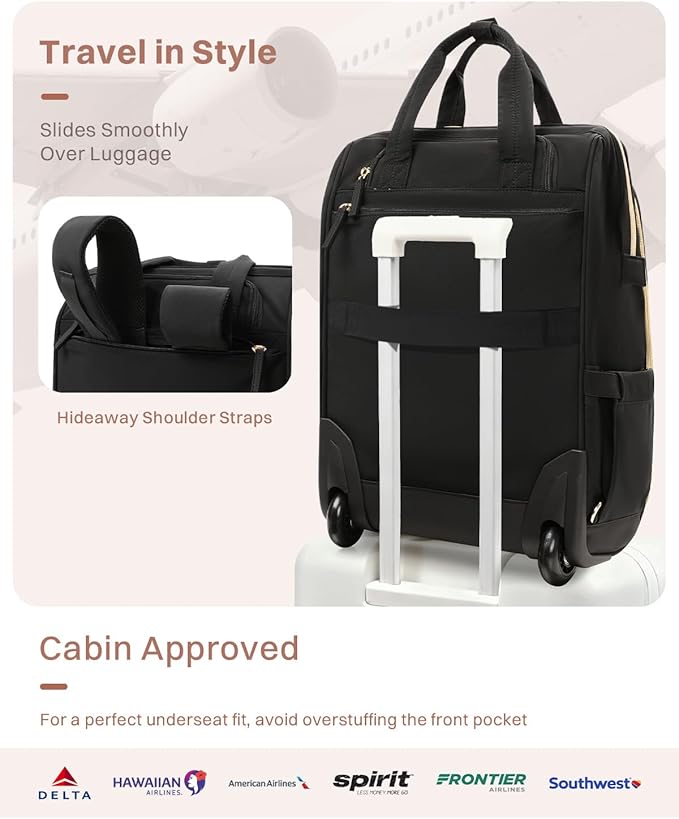 Rolling Puffer Backpack for Women, Travel Backpack with Wheels, 16 Inch Wheeled Laptop Backpck, Dual-Opening Design Overnight College Underseat Carry on Luggage, Roller Business Work Bag, Black